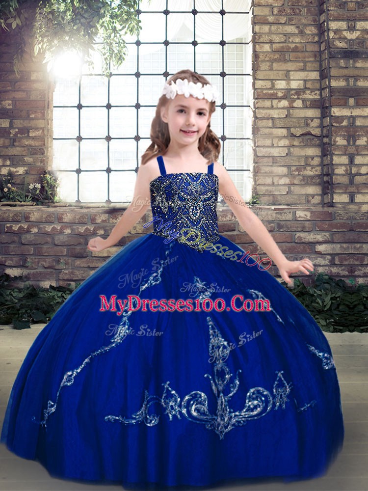 Inexpensive Royal Blue Straps Neckline Beading Little Girl Pageant Gowns Sleeveless Lace Up