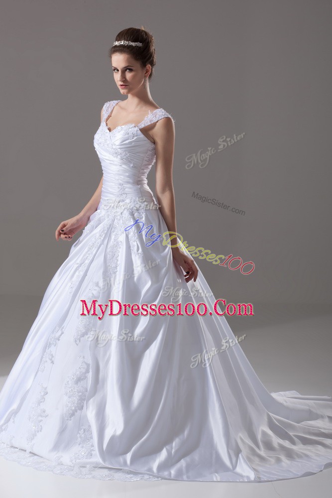 Amazing Lace Up Wedding Gowns White for Wedding Party with Beading and Appliques Brush Train