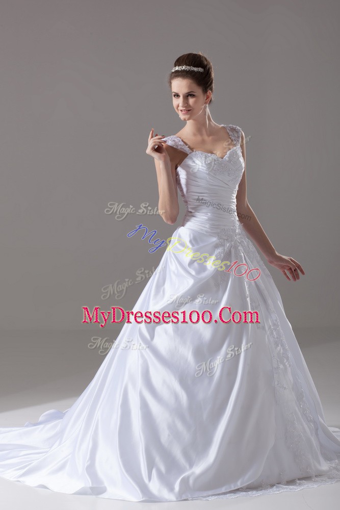 Amazing Lace Up Wedding Gowns White for Wedding Party with Beading and Appliques Brush Train
