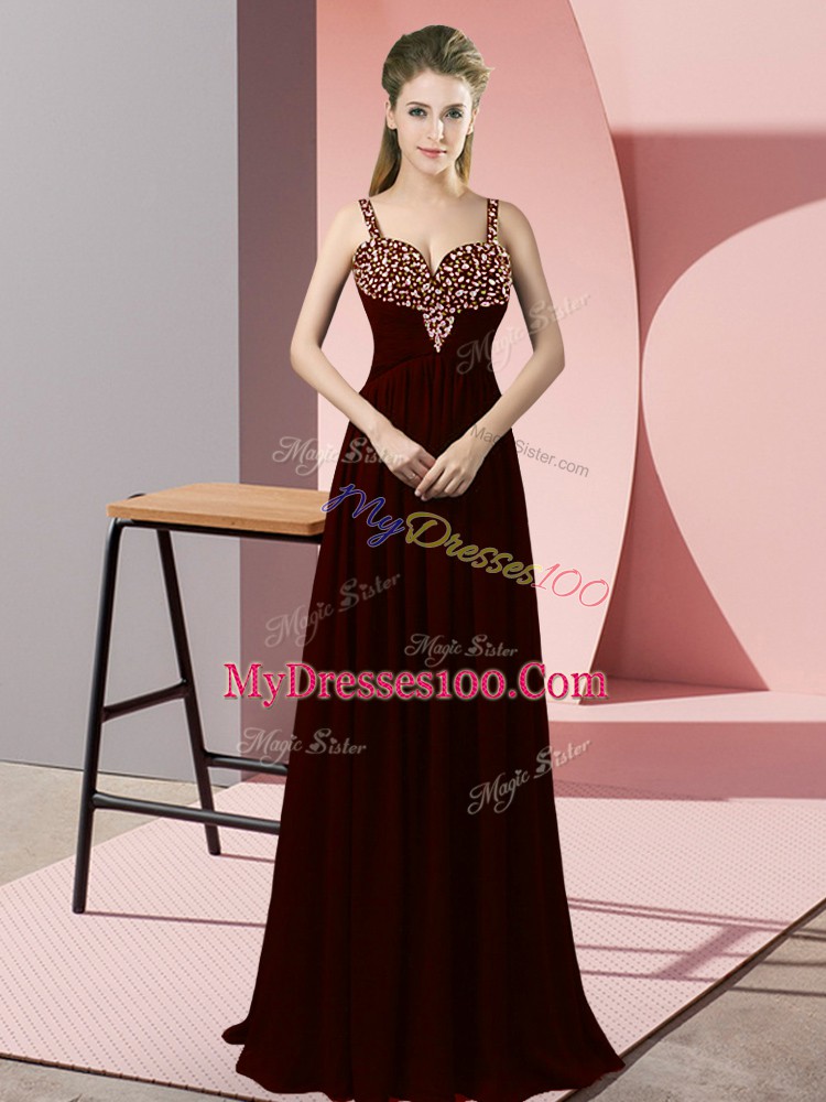 Burgundy Straps Neckline Beading Ball Gown Prom Dress Sleeveless Zipper