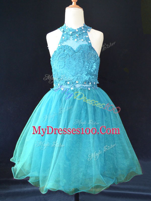 Trendy Aqua Blue Halter Top Neckline Beading and Lace Little Girl Pageant Gowns Sleeveless Lace Up
