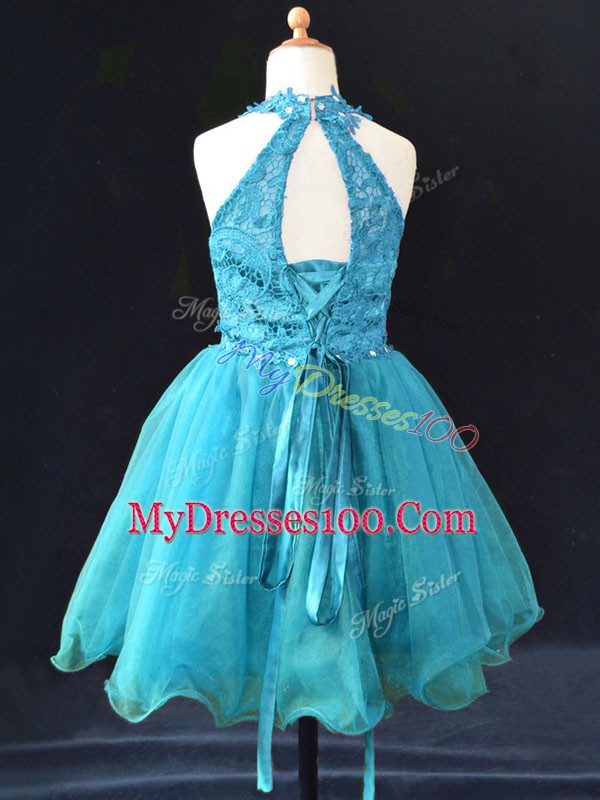Trendy Aqua Blue Halter Top Neckline Beading and Lace Little Girl Pageant Gowns Sleeveless Lace Up