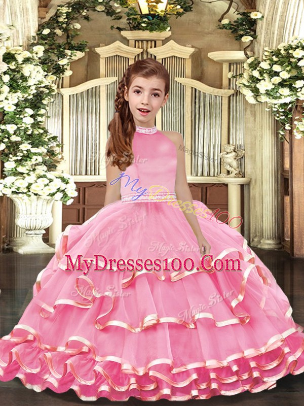 Charming Pink Organza Backless Little Girls Pageant Dress Sleeveless Floor Length Beading and Ruffled Layers