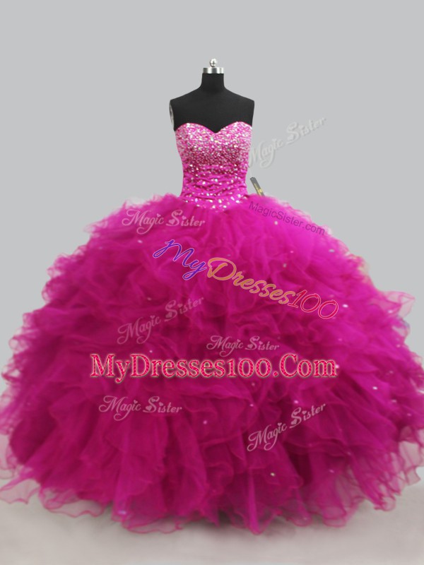 Elegant Sweetheart Sleeveless Lace Up Quinceanera Dresses Fuchsia Tulle