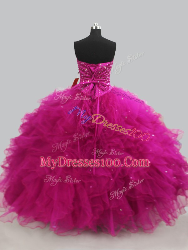 Elegant Sweetheart Sleeveless Lace Up Quinceanera Dresses Fuchsia Tulle