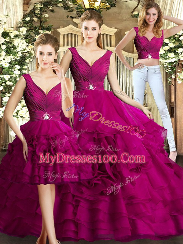 Fuchsia V-neck Neckline Beading and Ruffles Sweet 16 Dress Sleeveless Backless