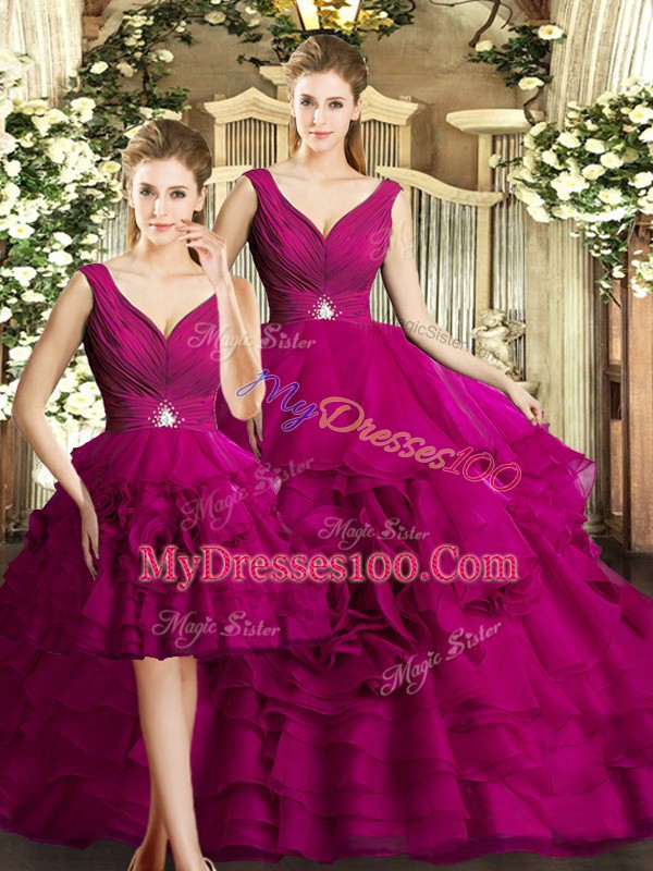 Fuchsia V-neck Neckline Beading and Ruffles Sweet 16 Dress Sleeveless Backless