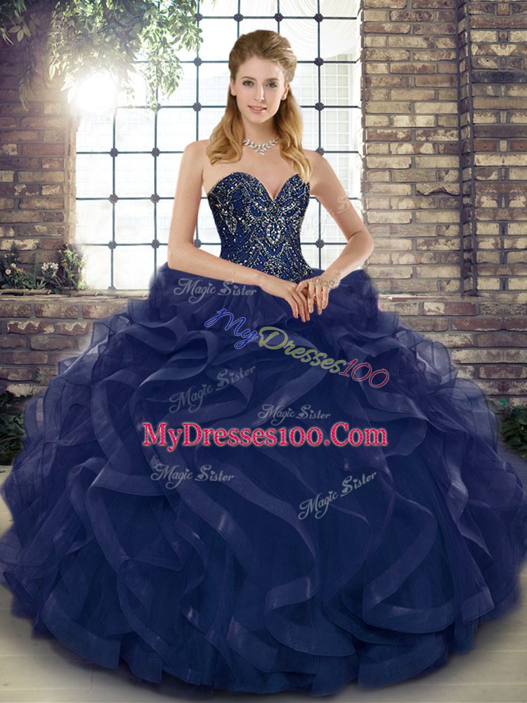Glorious Navy Blue Sleeveless Beading and Ruffles Floor Length 15 Quinceanera Dress
