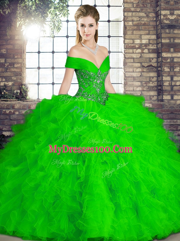 Pretty Floor Length Lace Up 15 Quinceanera Dress Green for Military Ball and Sweet 16 and Quinceanera with Beading and Ruffles