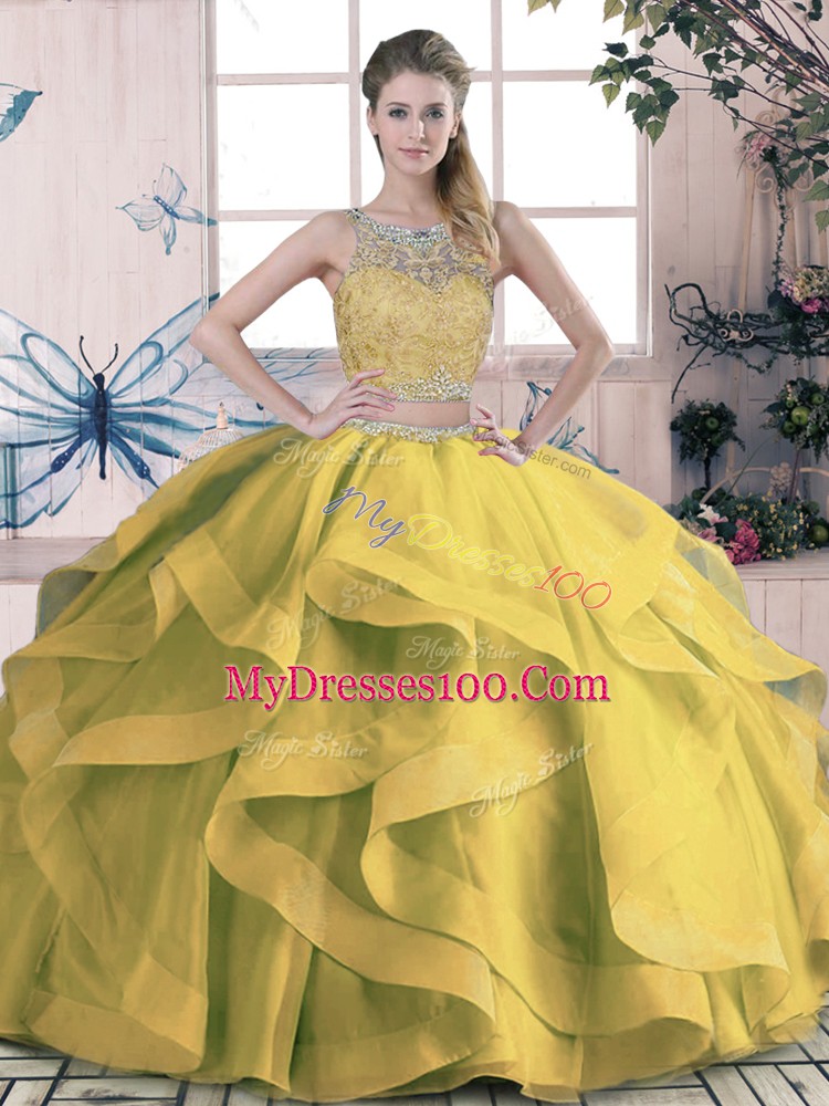New Style Olive Green Lace Up Scoop Beading and Ruffles Sweet 16 Quinceanera Dress Tulle Sleeveless