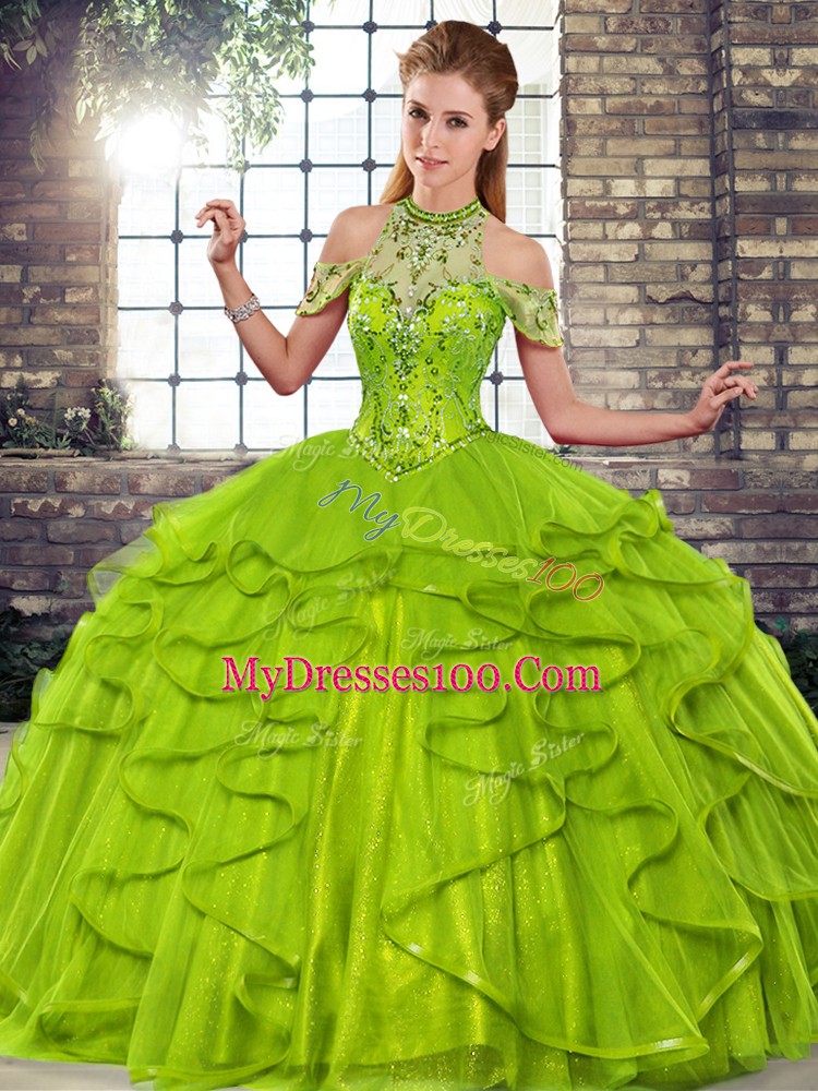 Sleeveless Lace Up Floor Length Beading and Ruffles Sweet 16 Dresses
