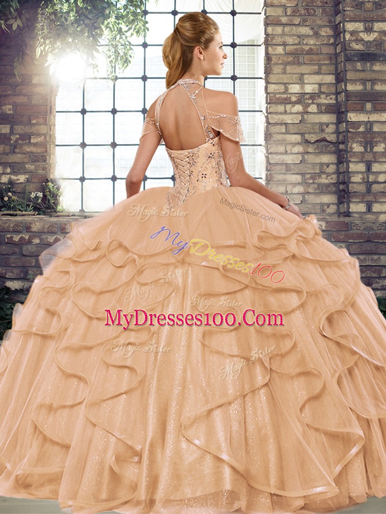 Sleeveless Lace Up Floor Length Beading and Ruffles Sweet 16 Dresses