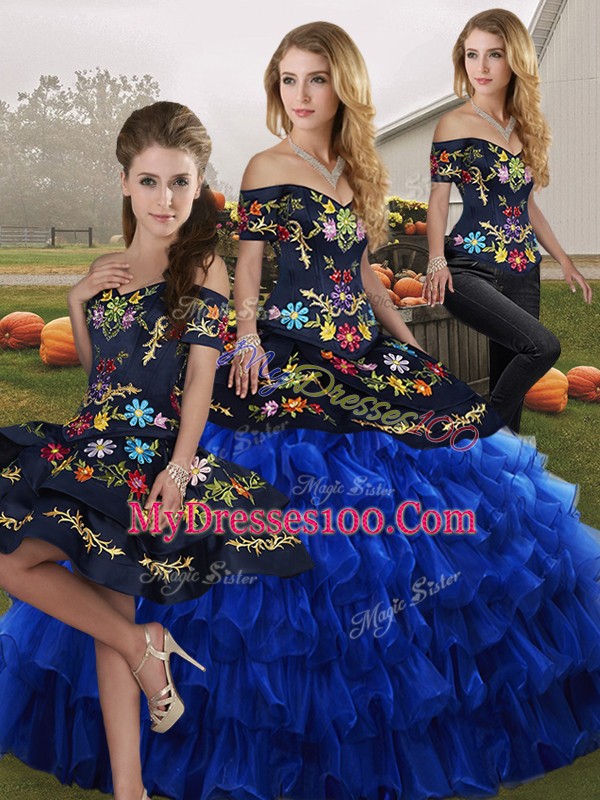 Blue And Black Sleeveless Embroidery and Ruffled Layers Floor Length Sweet 16 Dress
