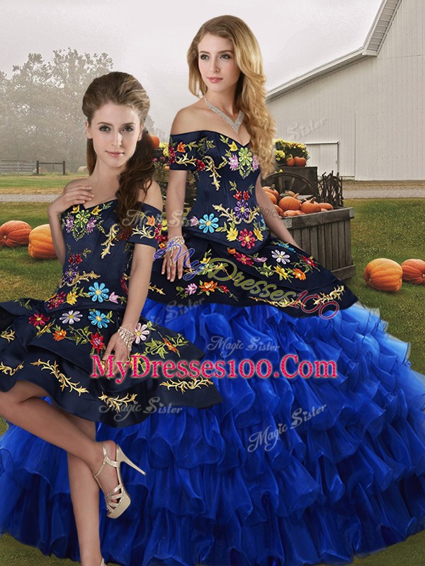 Blue And Black Sleeveless Embroidery and Ruffled Layers Floor Length Sweet 16 Dress
