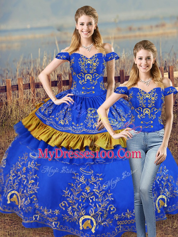 Blue Lace Up Off The Shoulder Embroidery and Ruffled Layers Sweet 16 Quinceanera Dress Organza Sleeveless