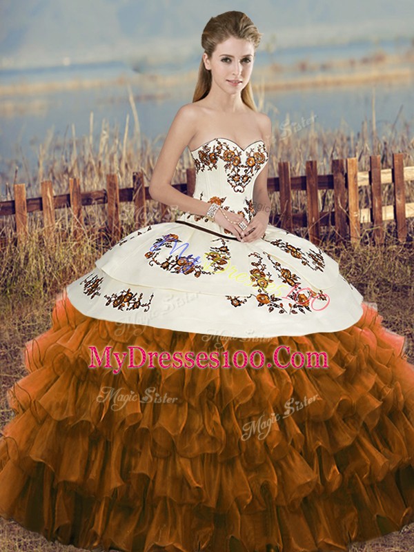 Brown Ball Gowns Sweetheart Sleeveless Organza Floor Length Lace Up Embroidery and Ruffled Layers and Bowknot Sweet 16 Dress