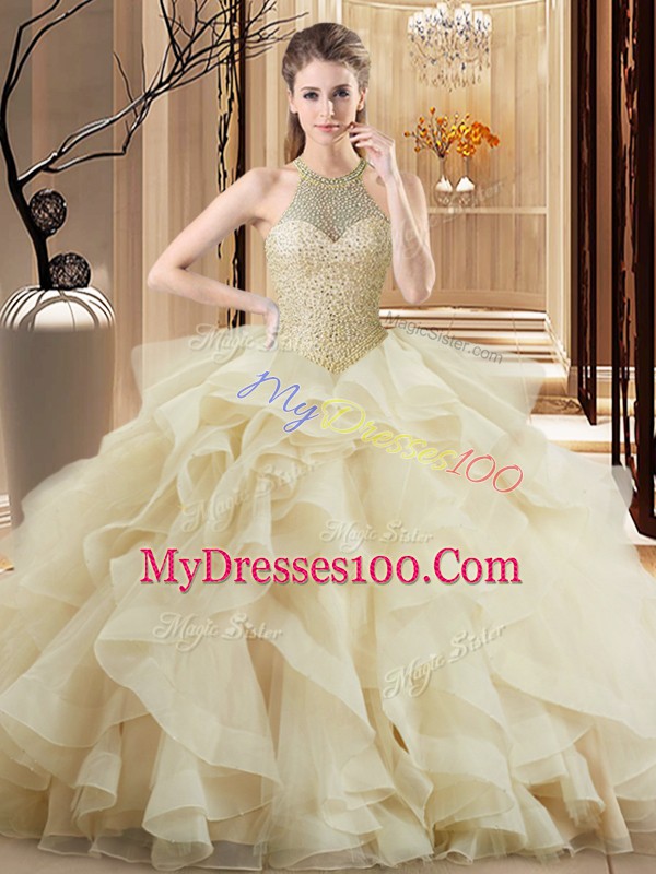 Customized Champagne Ball Gowns Halter Top Sleeveless Organza Brush Train Beading and Ruffles Sweet 16 Dresses