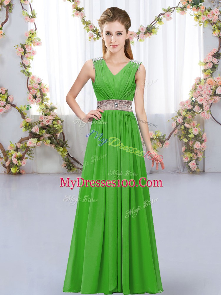 Suitable Empire Bridesmaid Gown Green V-neck Chiffon Sleeveless Floor Length Lace Up
