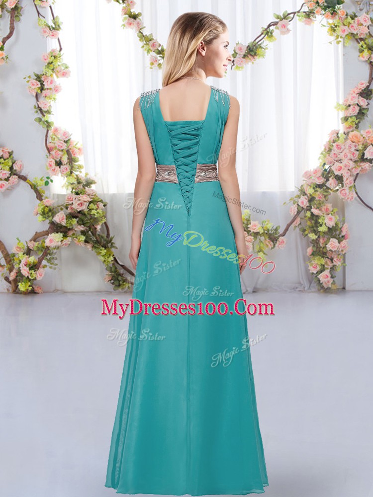 Suitable Empire Bridesmaid Gown Green V-neck Chiffon Sleeveless Floor Length Lace Up