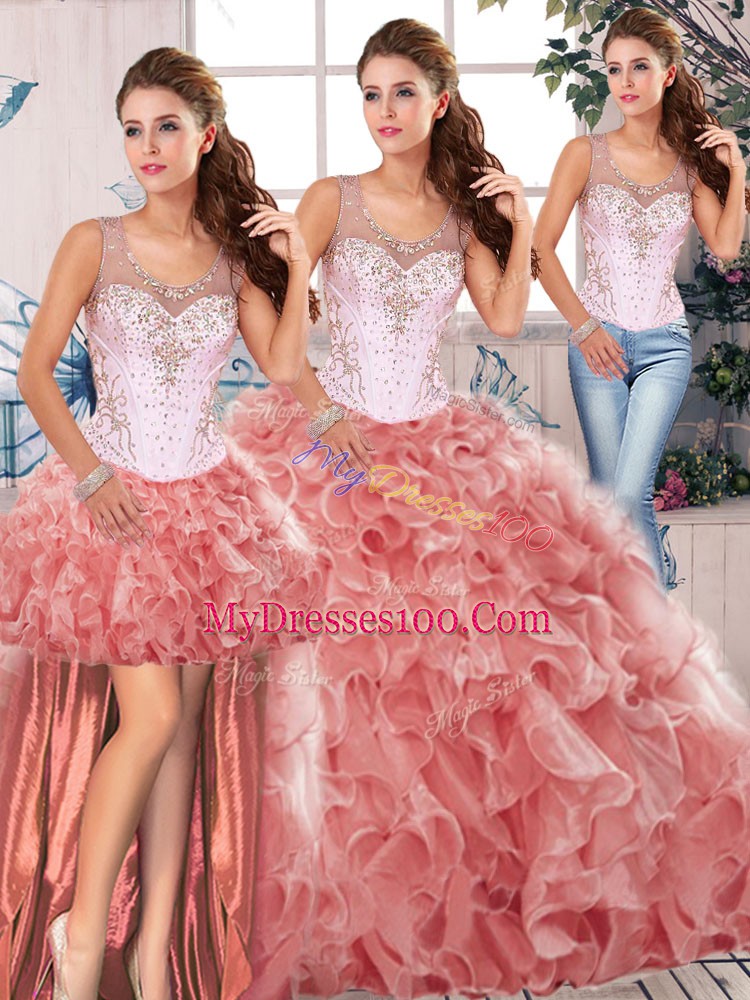 Chic Floor Length Watermelon Red Vestidos de Quinceanera Organza Sleeveless Beading and Ruffles