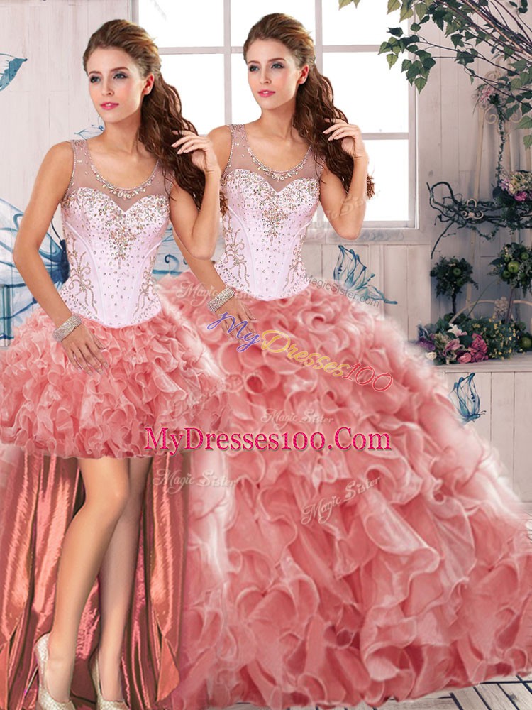 Chic Floor Length Watermelon Red Vestidos de Quinceanera Organza Sleeveless Beading and Ruffles