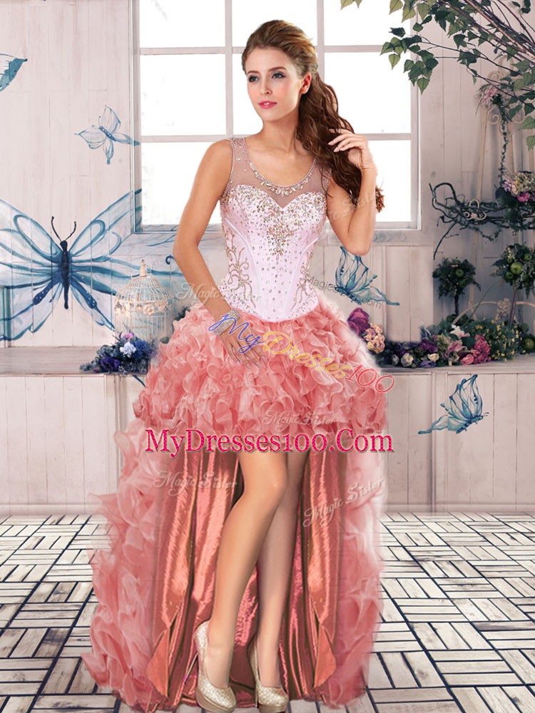 Chic Floor Length Watermelon Red Vestidos de Quinceanera Organza Sleeveless Beading and Ruffles