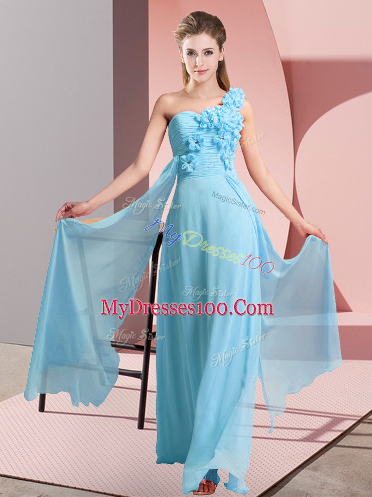 Aqua Blue One Shoulder Neckline Hand Made Flower Bridesmaid Gown Sleeveless Lace Up