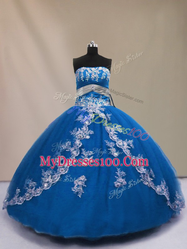 Sumptuous Blue Strapless Lace Up Appliques Quinceanera Dresses Sleeveless