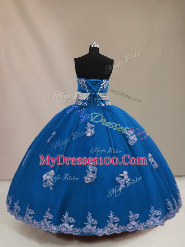 Sumptuous Blue Strapless Lace Up Appliques Quinceanera Dresses Sleeveless