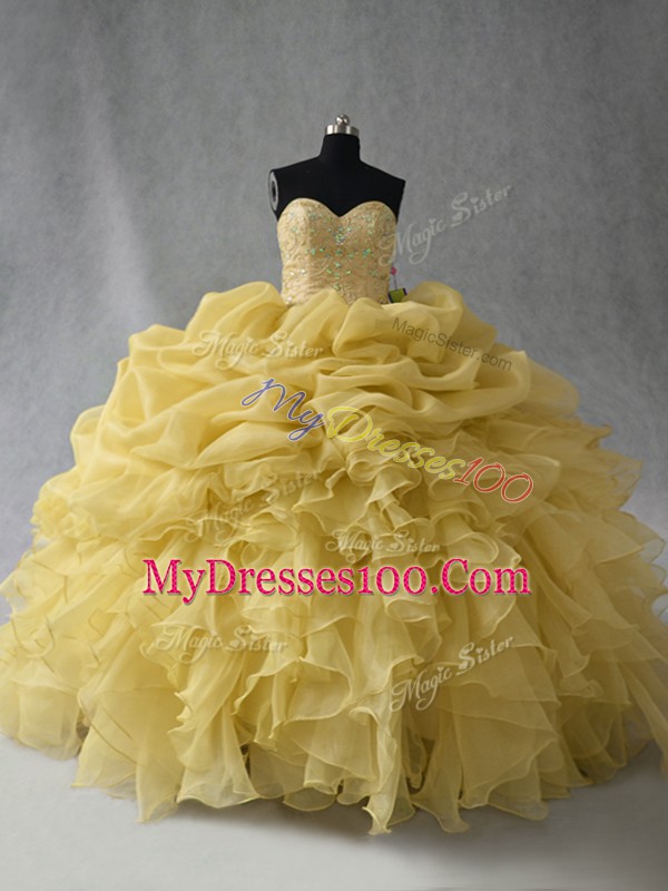 Yellow Sleeveless Organza Lace Up Quinceanera Gowns for Sweet 16 and Quinceanera
