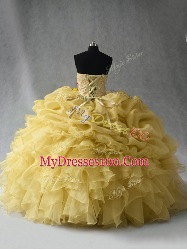 Yellow Sleeveless Organza Lace Up Quinceanera Gowns for Sweet 16 and Quinceanera