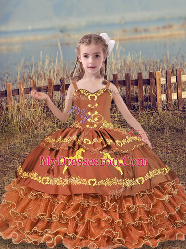 Beautiful Sleeveless Lace Up Floor Length Beading and Embroidery and Ruffled Layers Little Girl Pageant Gowns