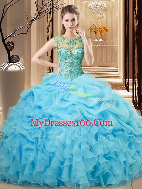 Scoop Sleeveless Quinceanera Gowns Floor Length Beading and Ruffles Baby Blue Organza