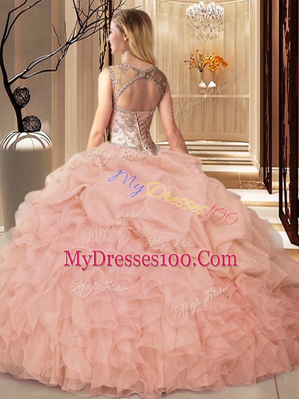 Scoop Sleeveless Quinceanera Gowns Floor Length Beading and Ruffles Baby Blue Organza