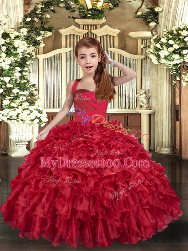 Adorable Straps Sleeveless Girls Pageant Dresses Floor Length Ruffles Red Organza