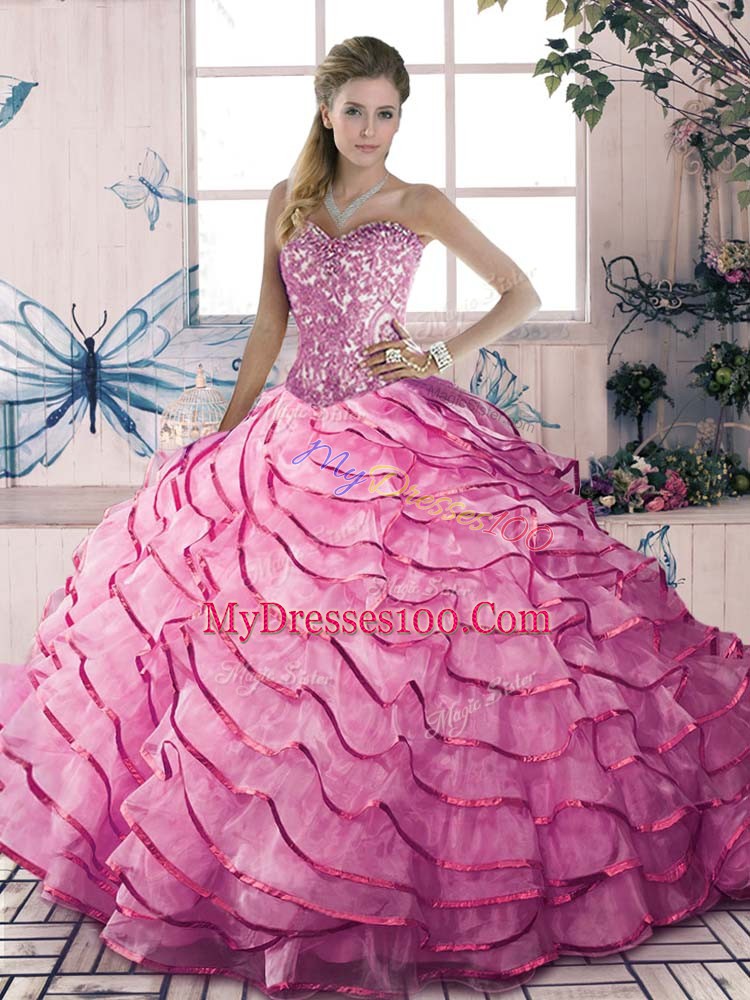 Discount Pink Sweet 16 Dress Sweet 16 with Beading and Ruffles Sweetheart Sleeveless Lace Up