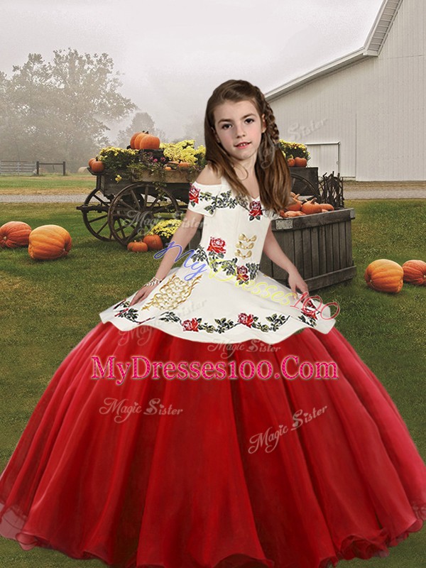 Spaghetti Straps Sleeveless Lace Up Kids Pageant Dress Red