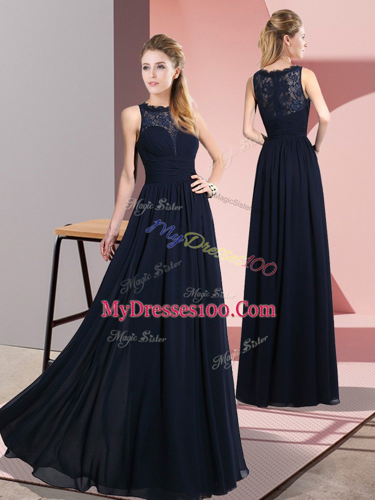 Trendy Navy Blue Sleeveless Lace Floor Length Prom Dress
