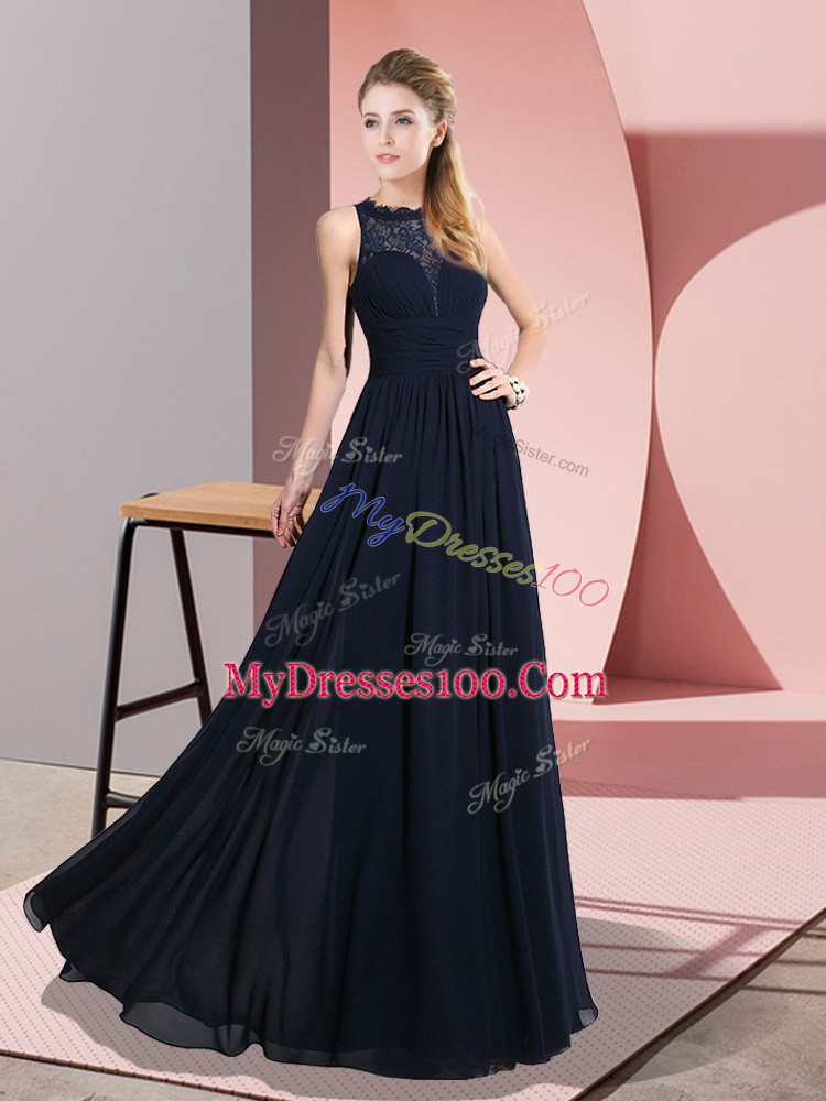 Trendy Navy Blue Sleeveless Lace Floor Length Prom Dress