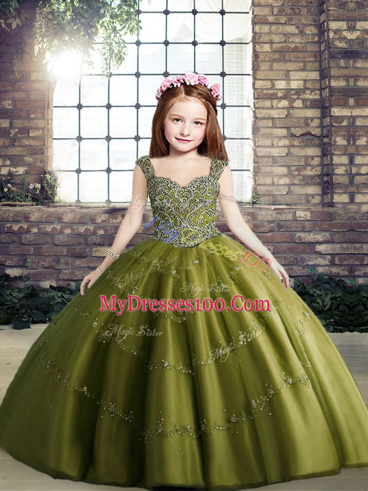 Olive Green Ball Gowns Tulle Straps Sleeveless Beading Floor Length Lace Up Little Girls Pageant Dress Wholesale