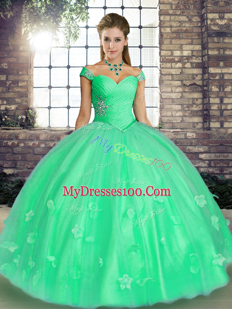 Beading and Appliques Quinceanera Gown Turquoise and Apple Green Lace Up Sleeveless Floor Length