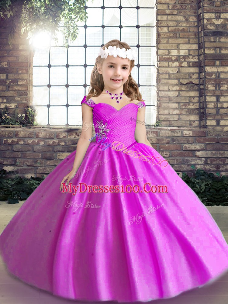 Excellent Lilac Lace Up Little Girls Pageant Dress Beading Sleeveless Floor Length