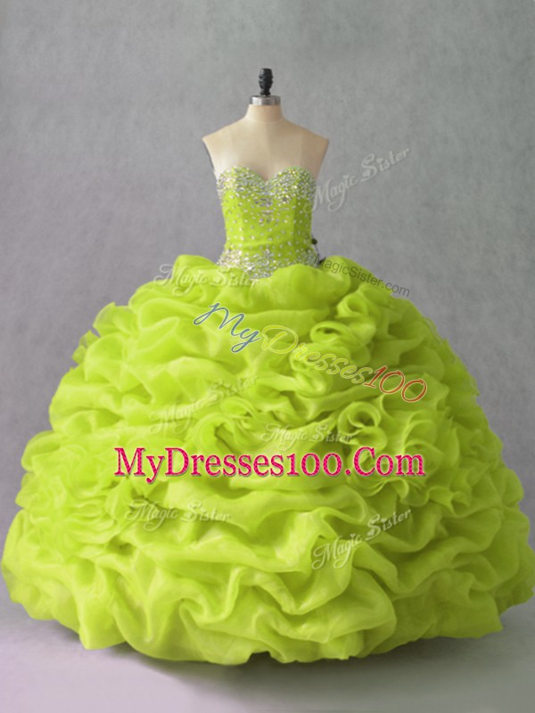 Elegant Ball Gowns Sweet 16 Dresses Yellow Green Sweetheart Organza Sleeveless Floor Length Lace Up