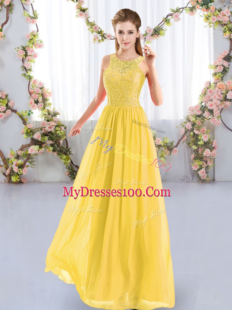 Gold Empire Chiffon Scoop Sleeveless Lace Floor Length Zipper Bridesmaids Dress