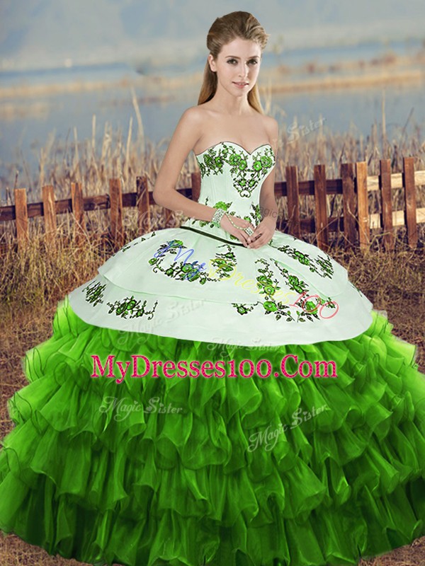 Wonderful Green Sleeveless Embroidery and Ruffled Layers and Bowknot Floor Length Sweet 16 Dress