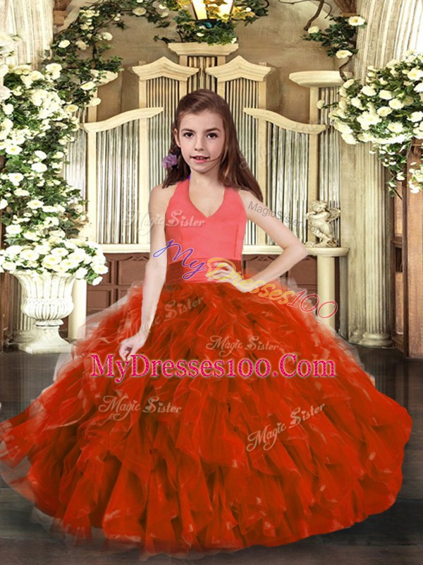 New Arrival Rust Red Halter Top Lace Up Ruffles Pageant Dress for Teens Sleeveless