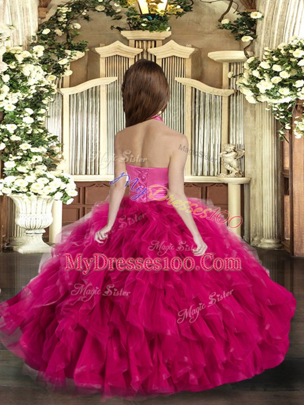 New Arrival Rust Red Halter Top Lace Up Ruffles Pageant Dress for Teens Sleeveless