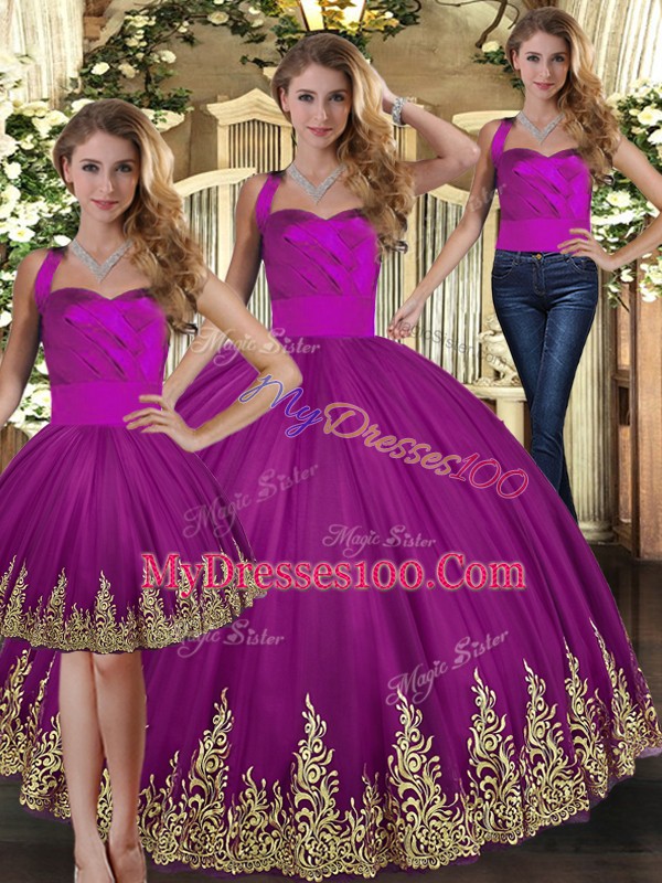 Stylish Fuchsia Lace Up Vestidos de Quinceanera Embroidery Sleeveless Floor Length