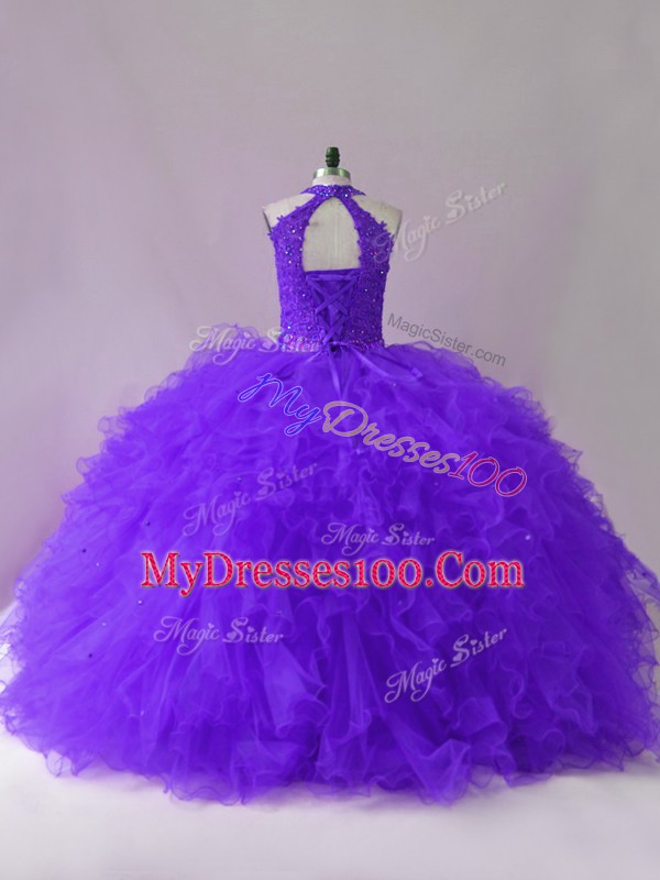 Ball Gowns Ball Gown Prom Dress Purple Halter Top Tulle Sleeveless Floor Length Lace Up