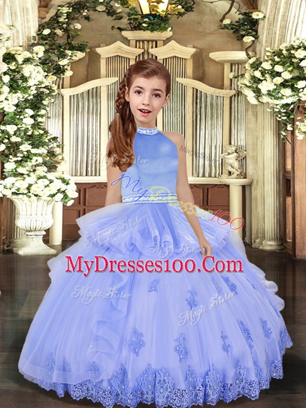 Tulle Sleeveless Floor Length Little Girls Pageant Dress and Beading and Appliques